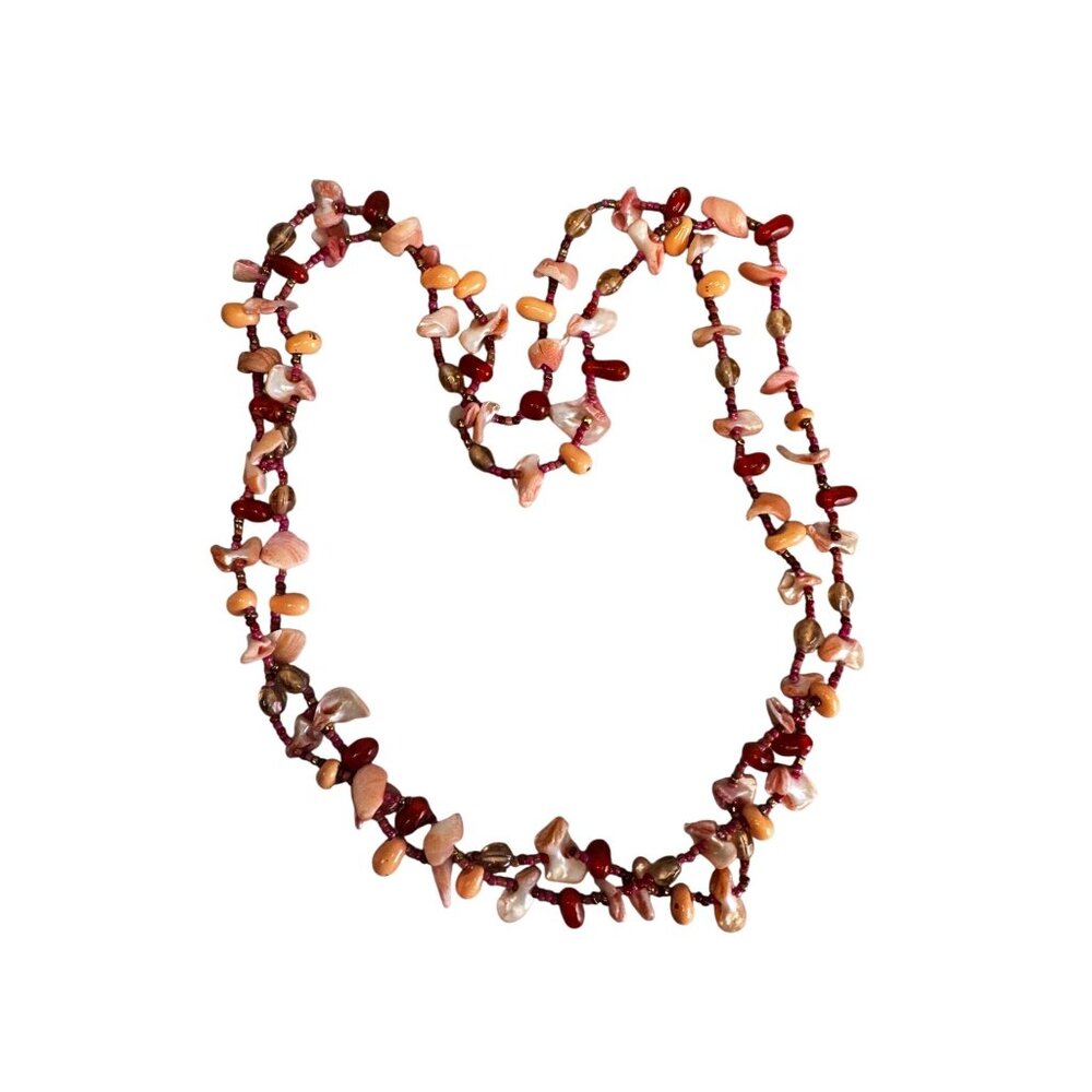 Vintage Hand Strung Shell Carnelian Agate Long Boho Beach Necklace 48 Inch - Picture 2 of 8